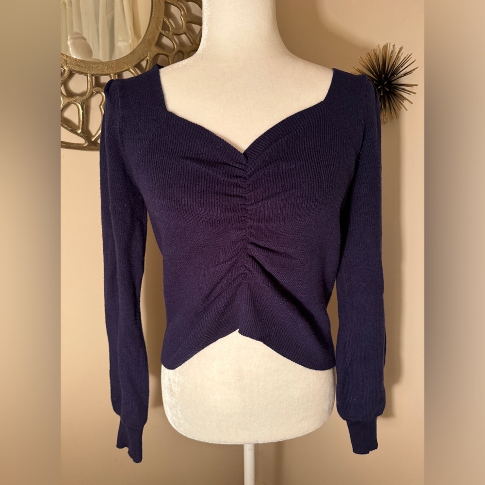 Blue Crop Ruched Ribbed Knit Sweater - Picture 8 of 10